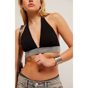 Free People Rhinestone Halter Bra Size XL Of The Moment Black Festival Concert